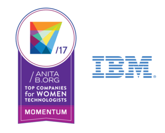 Our purple Top Companies Momentum Winner badge next to the logo of our winner, IBM